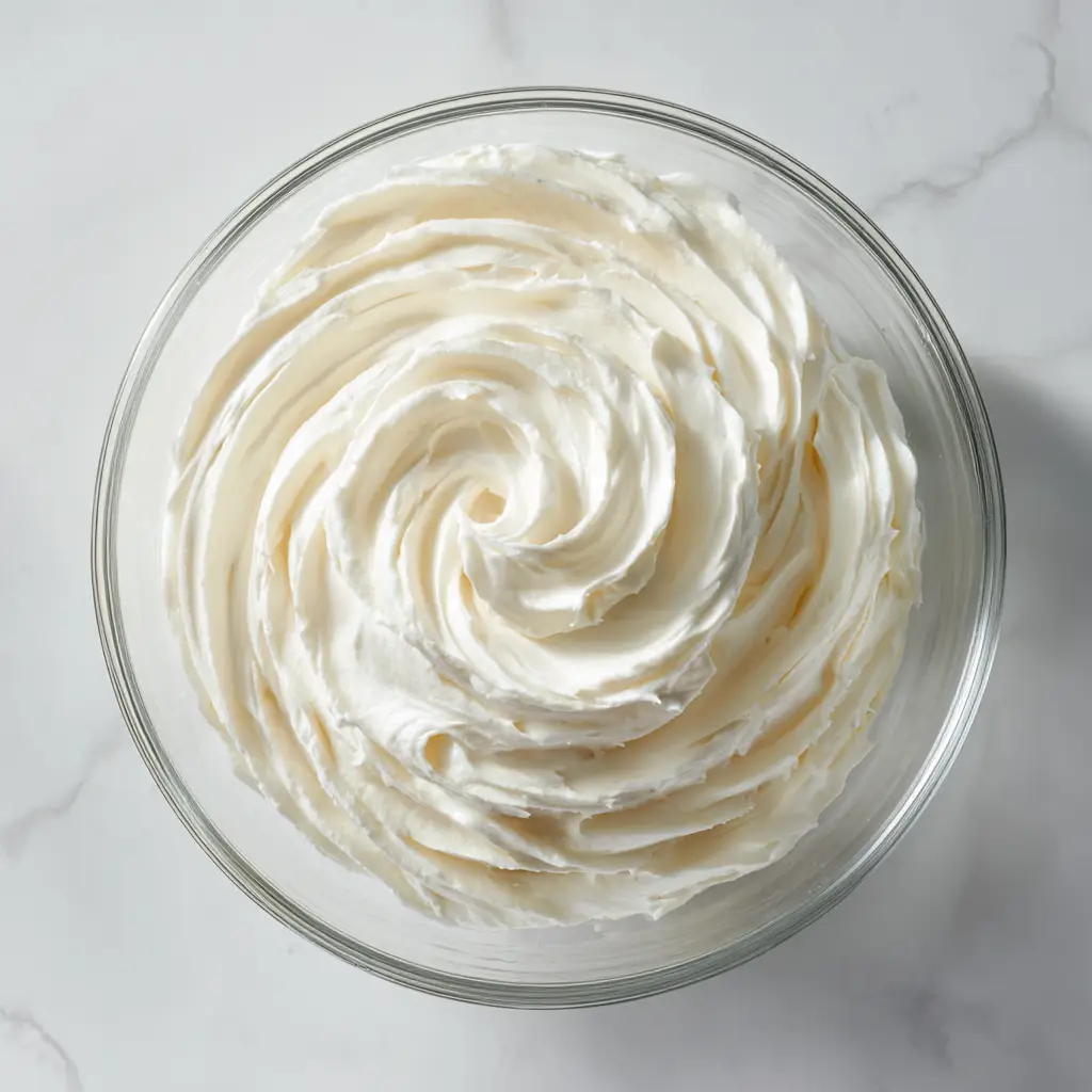 The final stage of whipping Swiss Meringue Buttercream in a stand mixer bowl, showing its perfectly smooth texture.
