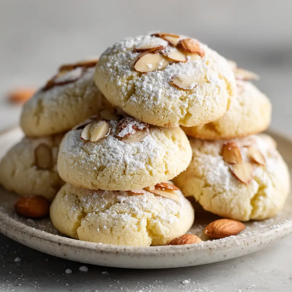Almond Ricotta Cookies (Soft, Moist, & Incredibly Easy) 2 A pile of soft, light, and fluffy almond ricotta cookies on a serving platter, showcasing their perfect cake-like texture.