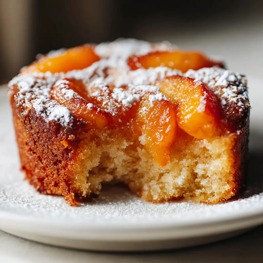 Peach Cake Recipe (The Only One You'll Ever Need) 1 A rustic slice of southern peach cake being served. The image shows the golden-brown crust and juicy peach pieces.