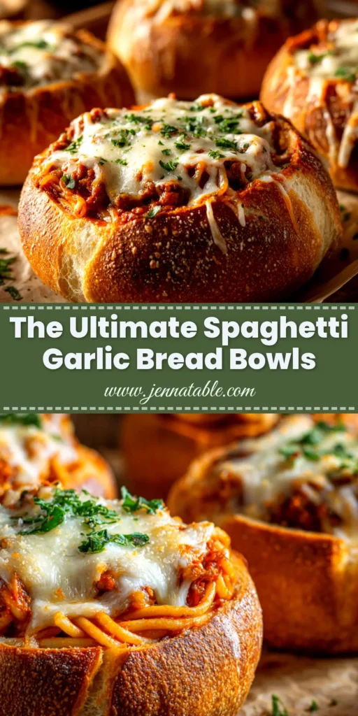 A delicious Spaghetti Garlic Bread Bowl on a plate. This easy and cheesy recipe combines two classic comfort foods into one amazing meal perfect for family dinner. #SpaghettiGarlicBreadBowls #DinnerRecipe #ComfortFood