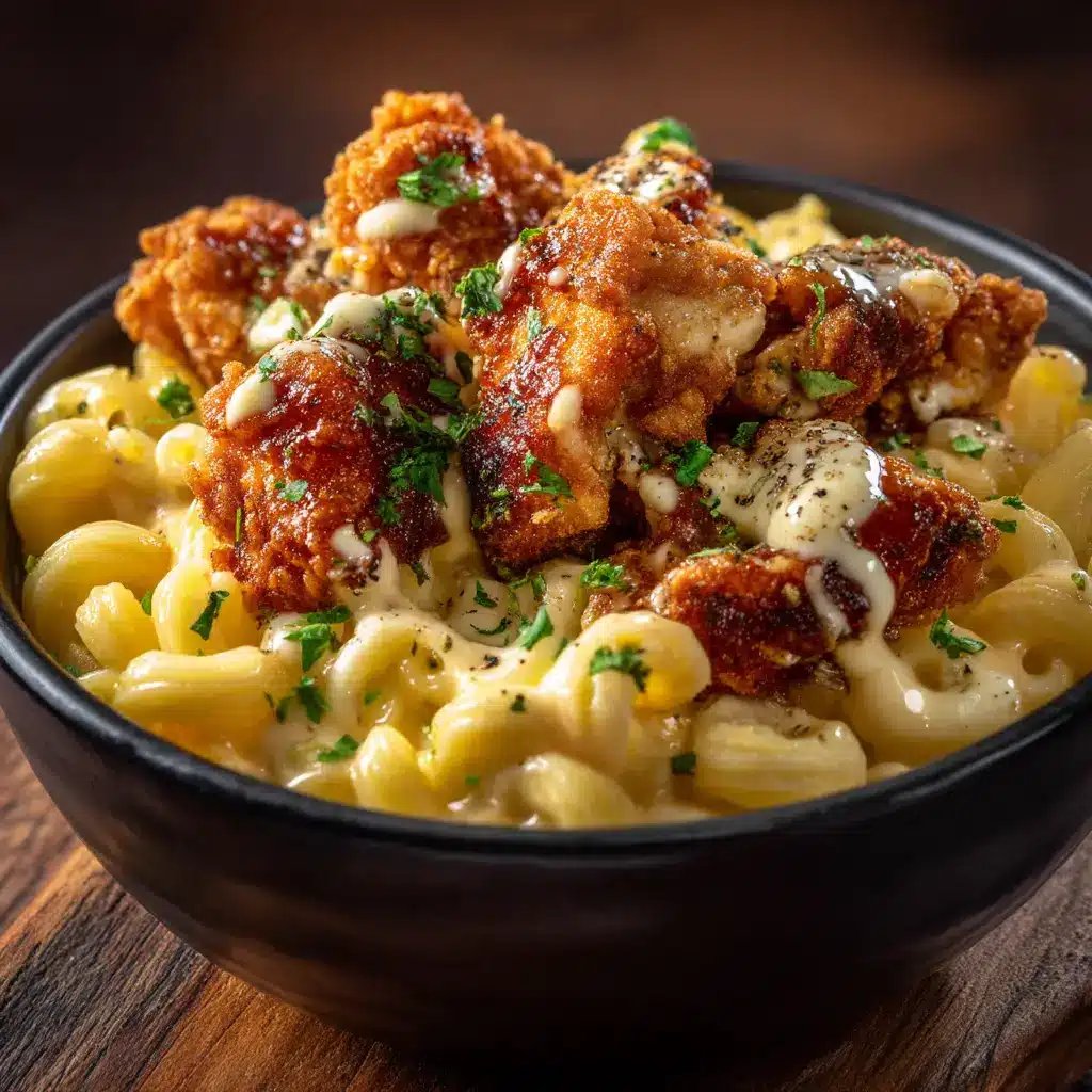 A spoonful of honey pepper chicken mac and cheese being lifted from the bowl, showing a cheesy, gooey cheese pull.