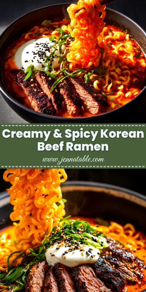 A delicious bowl of spicy Korean ramen with a perfect soft-boiled egg, green onions, and sesame seeds. The perfect easy recipe.