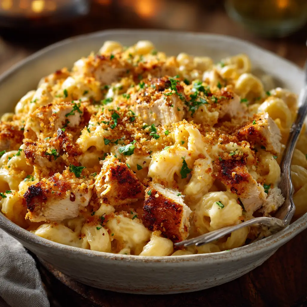 Cajun Chicken Mac and Cheese: The Ultimate Creamy & Spicy Recipe 1 A rustic white bowl filled with homemade spicy mac and cheese with chicken, ready to be served.