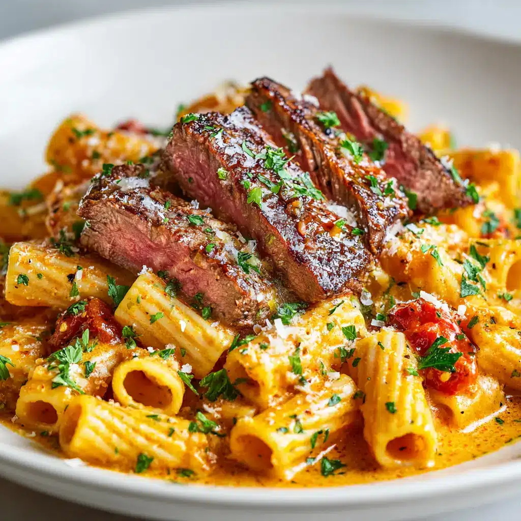 Cajun Steak Pasta: A Creamy, Spicy Weeknight Delight 1 A fork twirling rigatoni from a bowl of spicy steak pasta, with slices of medium-rare steak and bell peppers visible in the creamy sauce.