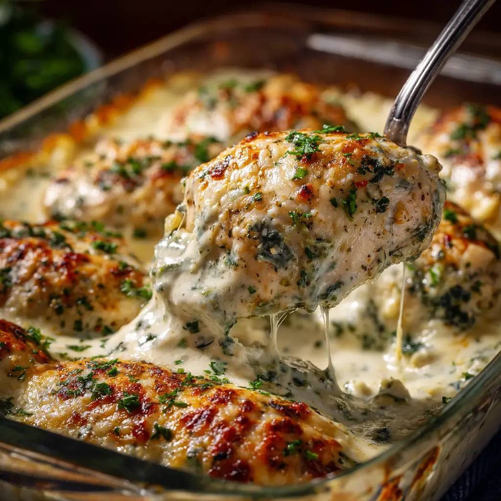 The spinach artichoke mixture being spread over raw chicken breasts in a baking dish before baking.