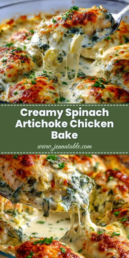 A delicious Spinach Artichoke Chicken Bake in a white baking dish, showing the cheesy, golden-brown topping. The perfect easy dinner recipe.