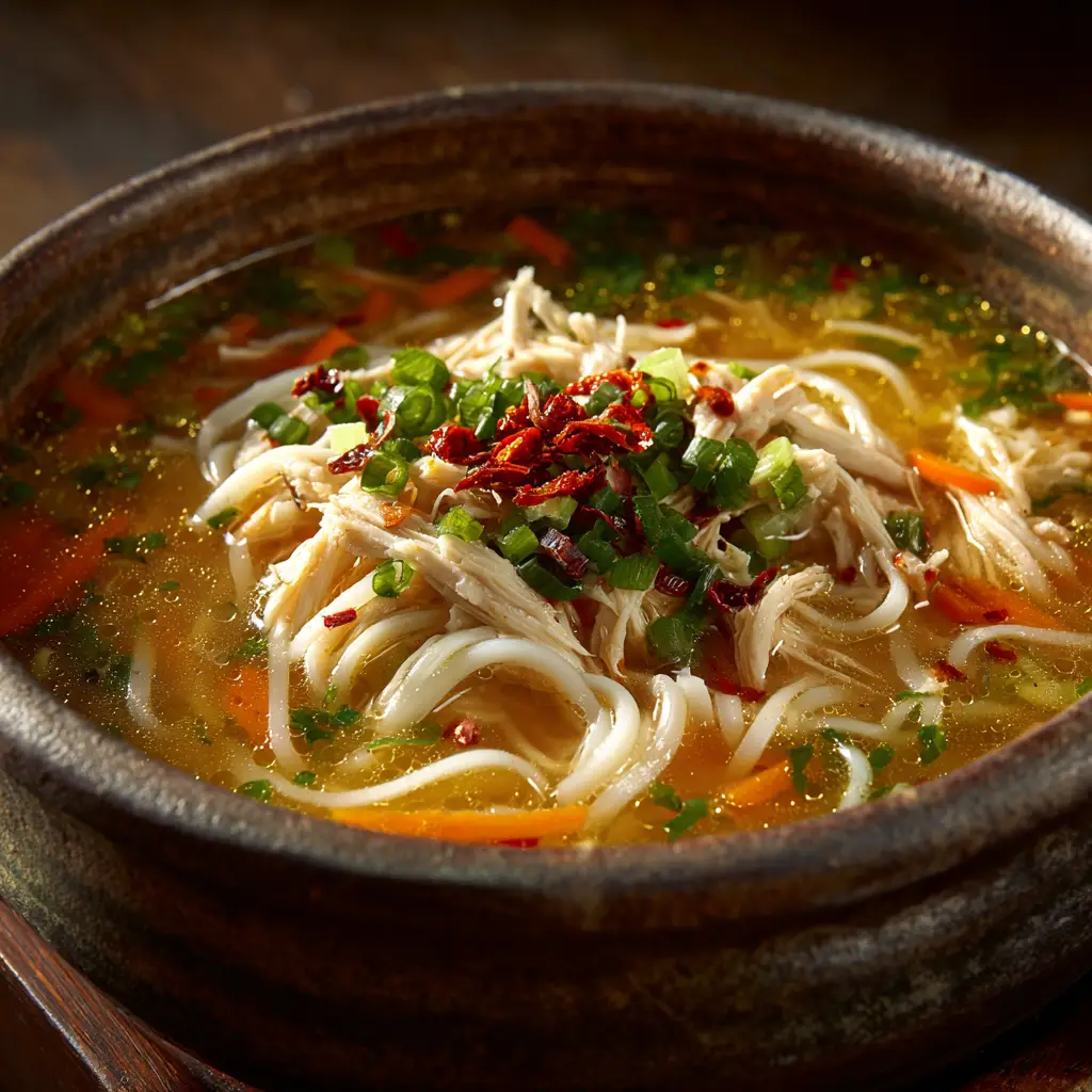 A spoonful of nourishing chicken noodle soup being lifted from a bowl, showcasing the egg noodles, carrots, and shredded chicken.