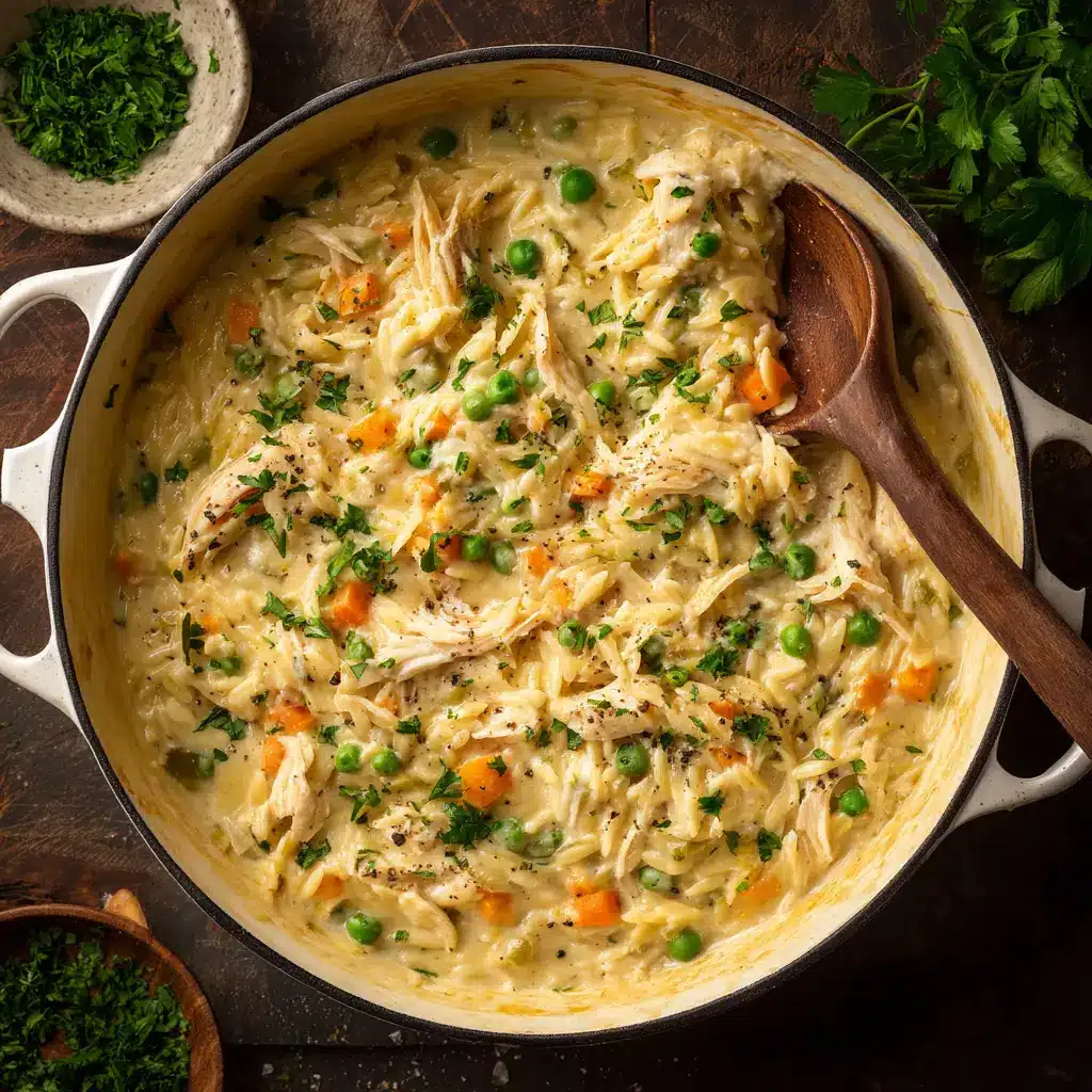 A spoonful of chicken pot pie orzo being lifted from a bowl, showcasing the creamy sauce coating the pasta and chicken.
