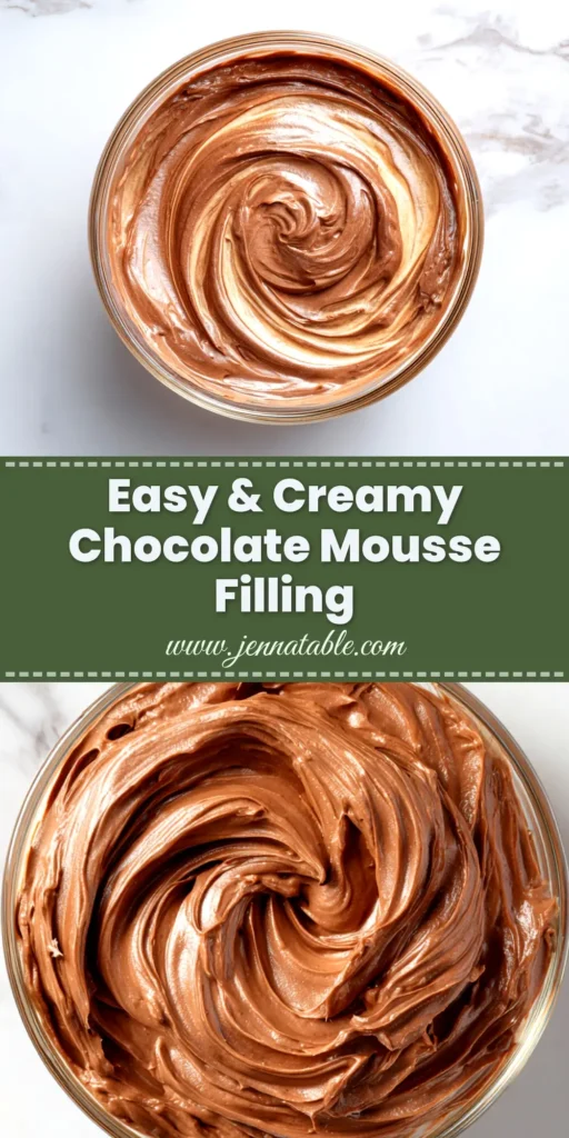 A large bowl of stable chocolate mousse filling being piped onto a layer of chocolate cake, showing its firm texture.