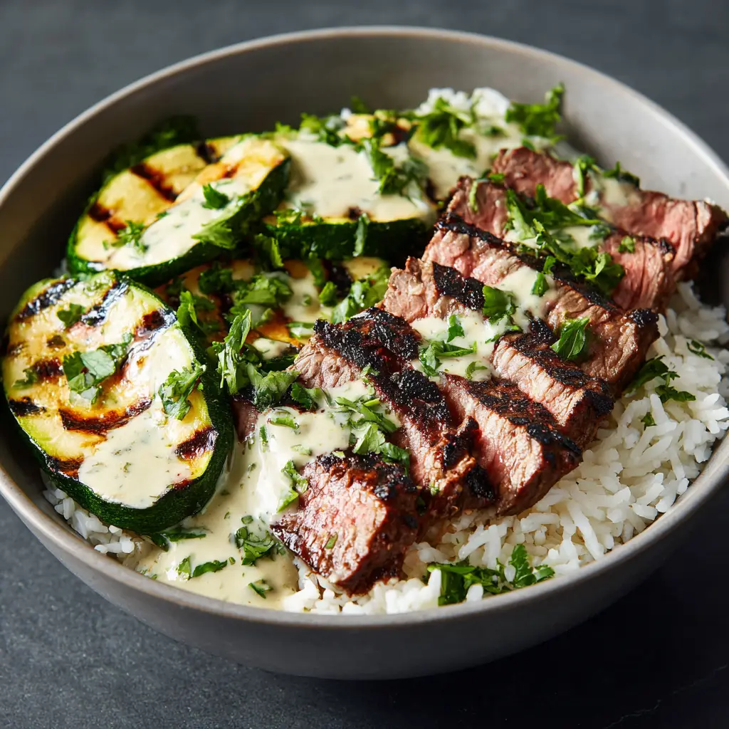 A beautiful grilled steak rice bowl topped with fresh ingredients and a cilantro lime sauce. The bowl is presented on a rustic wooden surface.