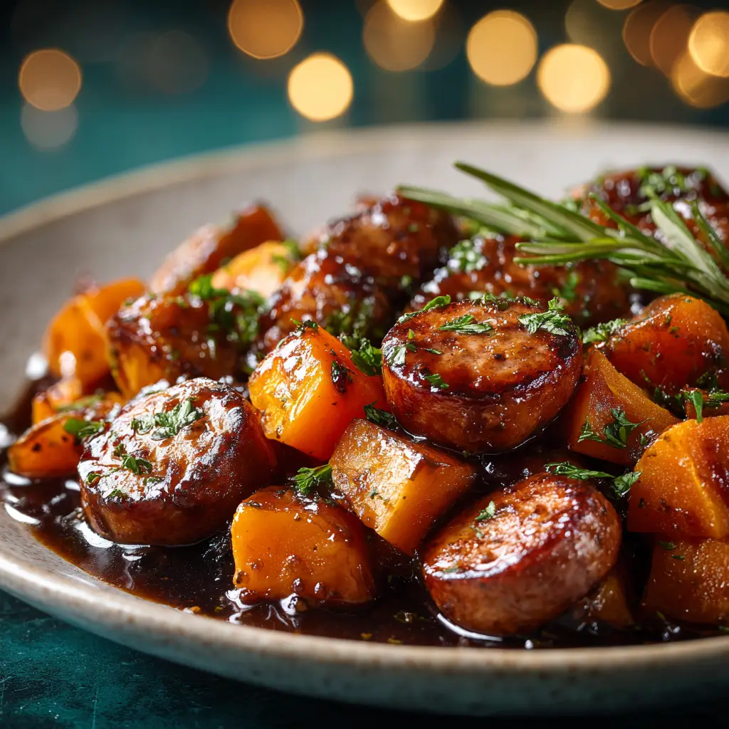 Honey Garlic Sausage: The Ultimate 20-Minute Skillet Dinner 2 A close-up shot of caramelized honey garlic sausage bites, glistening with a thick, glossy sauce and sprinkled with sesame seeds.