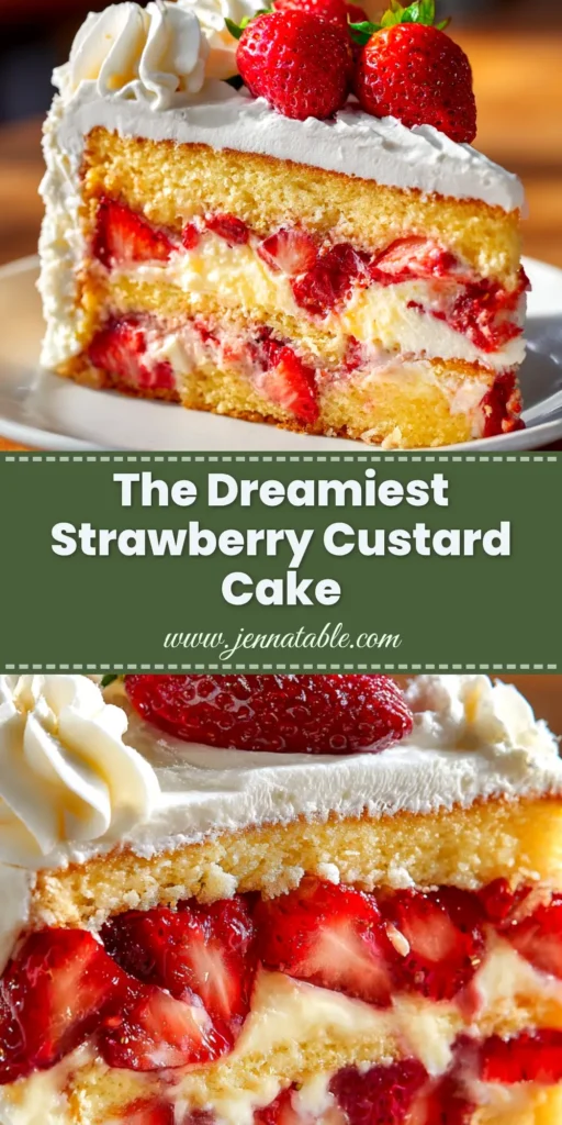 Strawberry Custard Cake Recipe (The Ultimate Guide) 3 An overhead shot of a beautiful strawberry custard cake recipe, showcasing a full cake topped with fresh strawberries and a single slice on a plate, highlighting the creamy custard layer.