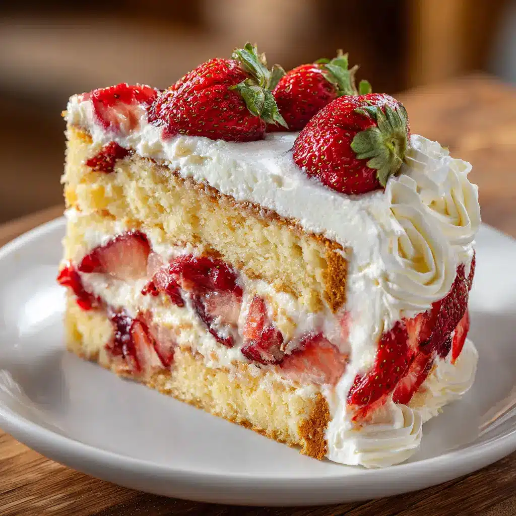 Strawberry Custard Cake Recipe (The Ultimate Guide) 2 A close-up shot of a single slice of homemade custard cake, with a thick layer of vanilla pastry cream and topped with a fresh strawberry.