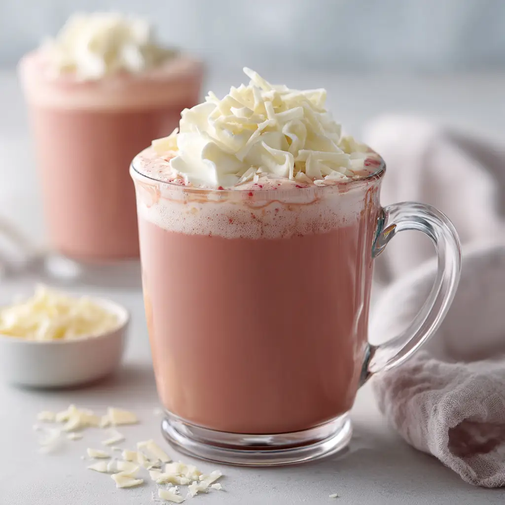 A glass mug filled with strawberry flavored hot cocoa, topped with whipped cream and a fresh strawberry slice.