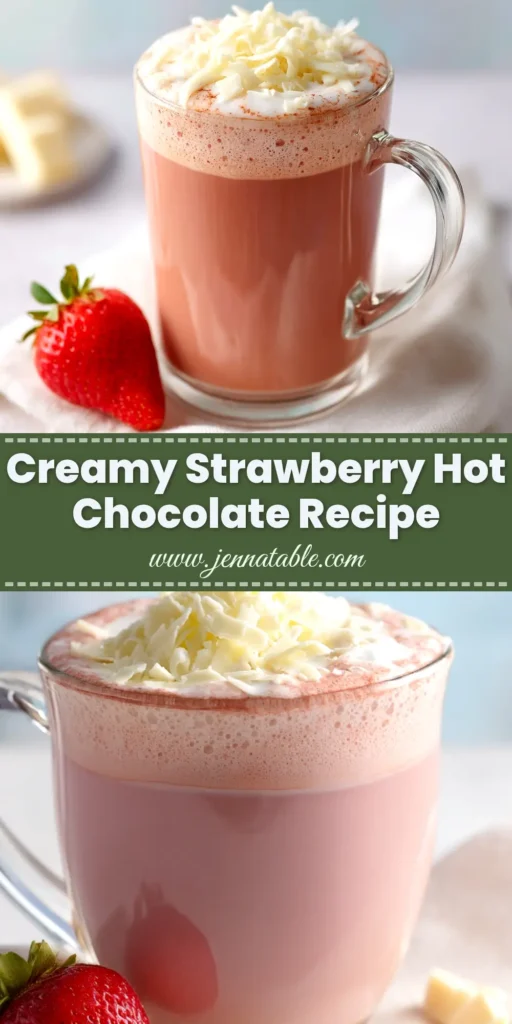 A cozy mug of homemade strawberry hot chocolate, topped with whipped cream and a fresh strawberry slice.