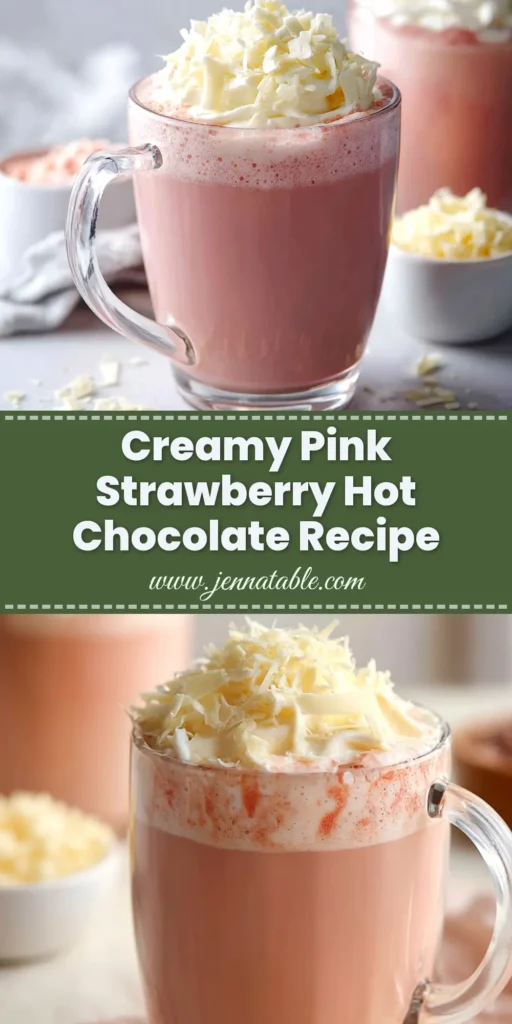 A tall glass mug of creamy pink strawberry hot chocolate topped with whipped cream and a fresh strawberry, ready to be shared on Pinterest.