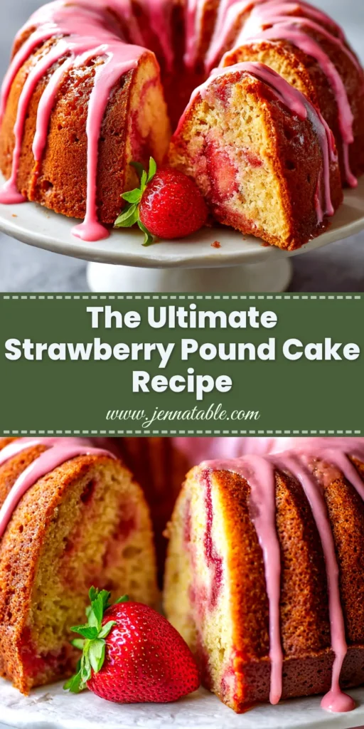 Strawberry Pound Cake: A Moist & Easy Recipe 4 A beautiful slice of moist strawberry pound cake on a white plate. The cake is drizzled with a pink strawberry glaze and a fresh strawberry sits next to it, showcasing the perfect dessert.