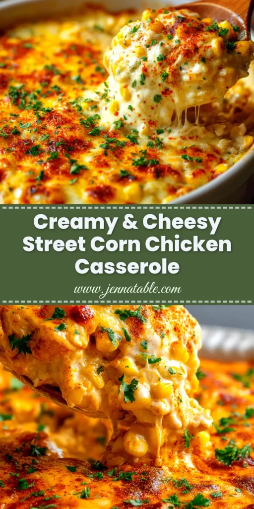 A delicious Street Corn Chicken Casserole in a white baking dish, topped with fresh cilantro and cotija cheese. One scoop has been taken out to show the creamy interior.