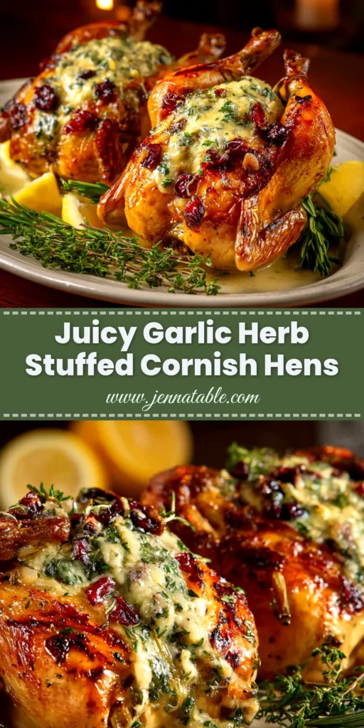 An overhead shot of two golden-brown Stuffed Cornish Game Hens in a rustic roasting pan, ready to be served for an elegant dinner.