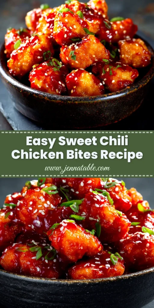 Sweet Chili Chicken (Easy Baked Recipe!) 4 An overhead shot of crispy baked sweet chili chicken in a white bowl, garnished with sesame seeds and green onions. The perfect easy weeknight dinner idea.