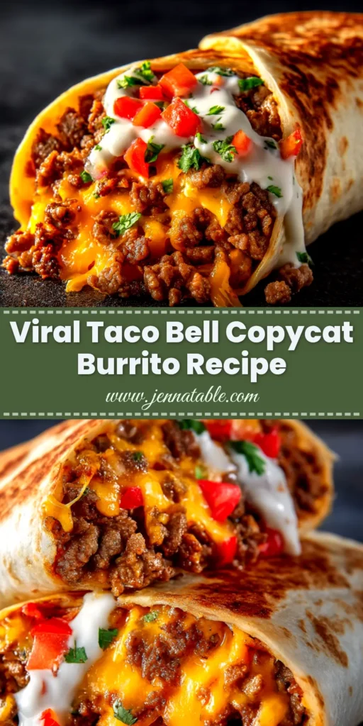 A delicious Taco Bell Beefy Melt Burrito Copycat cut in half to show the layers of seasoned beef, rice, and melted cheese.