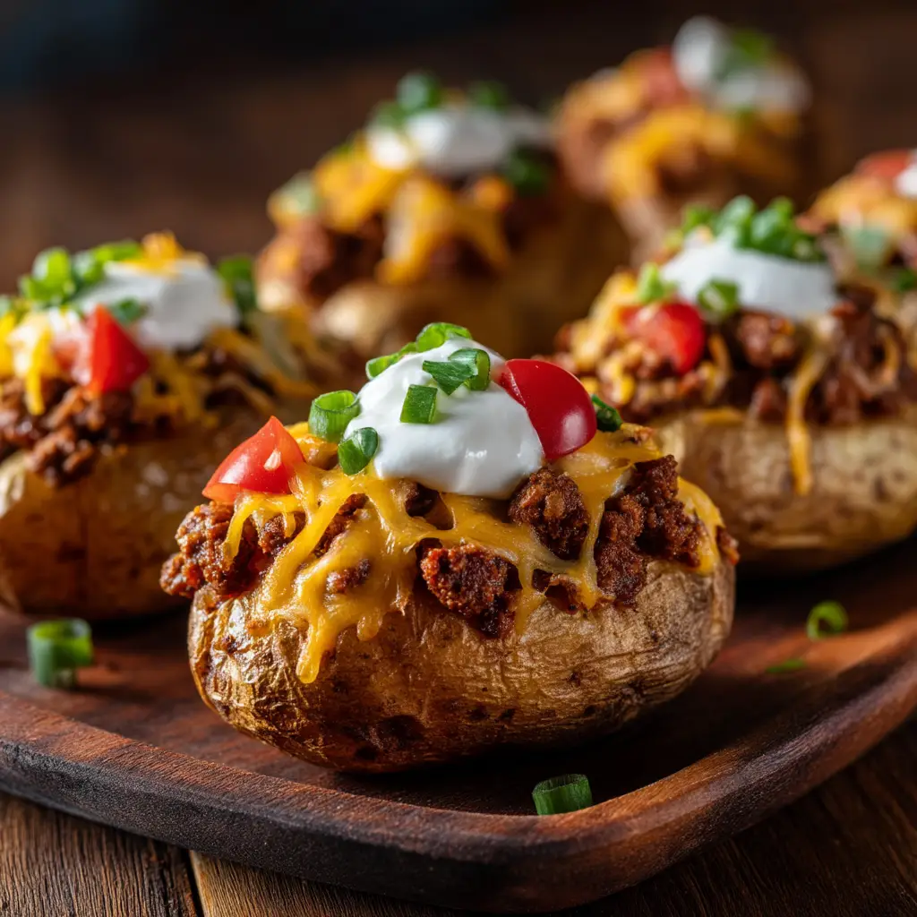 Taco Loaded Baked Potatoes: The Ultimate Comfort Food Mashup 1 Several Taco Loaded Baked Potatoes arranged on a rustic wooden board, showcasing various topping combinations for a family-style meal.