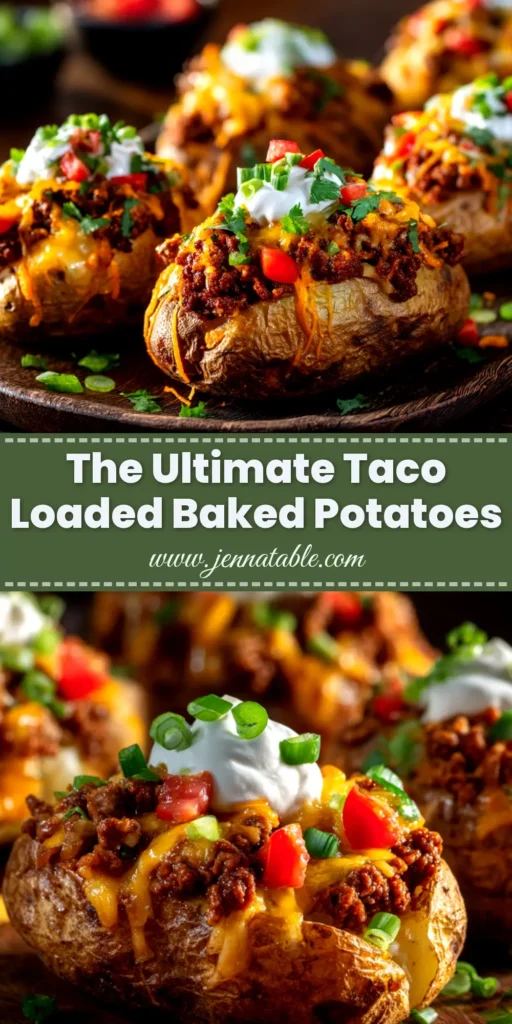Taco Loaded Baked Potatoes: The Ultimate Comfort Food Mashup 3 An overhead shot of Taco Loaded Baked Potatoes on a platter, topped with cheese, sour cream, and fresh cilantro. A perfect easy dinner recipe idea.