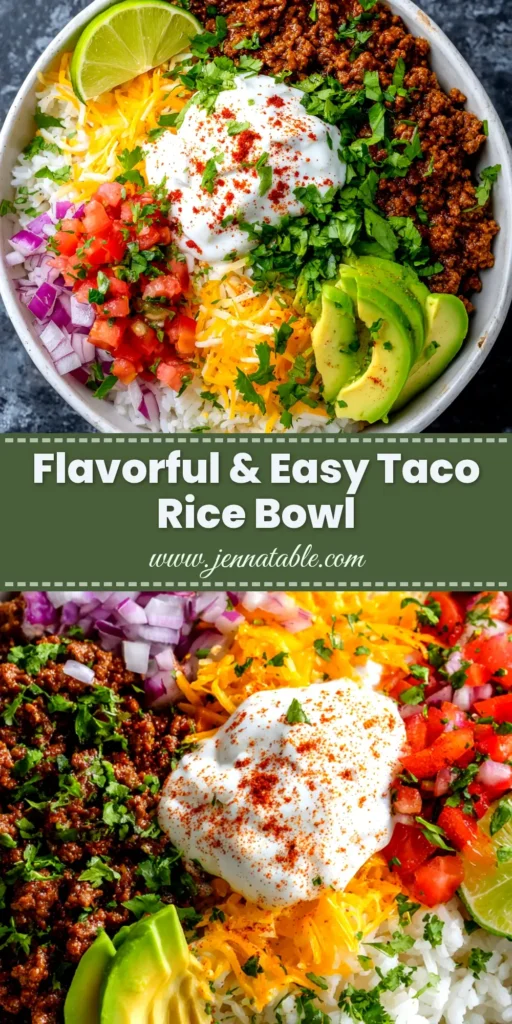 A vibrant and delicious Taco Rice Bowl recipe, loaded with seasoned ground beef, rice, corn, black beans, and fresh toppings in a white bowl. Perfect for a quick weeknight dinner.
