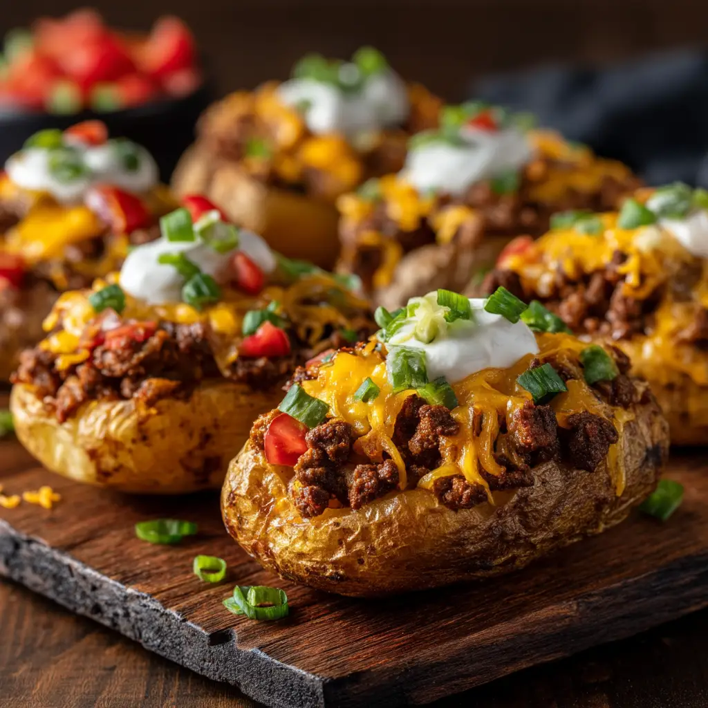 Taco Loaded Baked Potatoes: The Ultimate Comfort Food Mashup 2 A close-up view of a taco stuffed baked potato, highlighting the seasoned ground beef filling and melted cheese before other toppings are added.