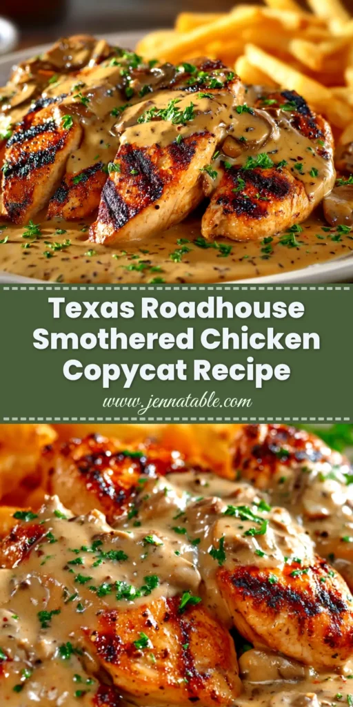 A delicious plate of Texas Roadhouse Smothered Chicken, featuring a juicy grilled chicken breast covered in sautéed mushrooms, onions, and melted jack cheese. A perfect copycat recipe.