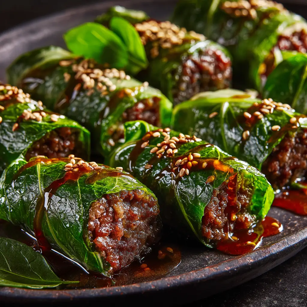 Thai Basil Beef Rolls (That Don't Fall Apart!) 2 A close-up shot of several Thai Basil Beef Rolls on a white plate, highlighting the fresh ingredients like basil, mint, and carrots wrapped in translucent rice paper.