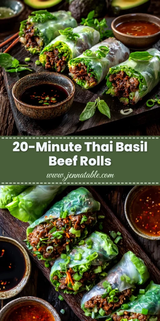 A platter of freshly made Thai Basil Beef Rolls, sliced in half to show the savory ground beef and vegetable filling, served with a zesty lime dipping sauce.
