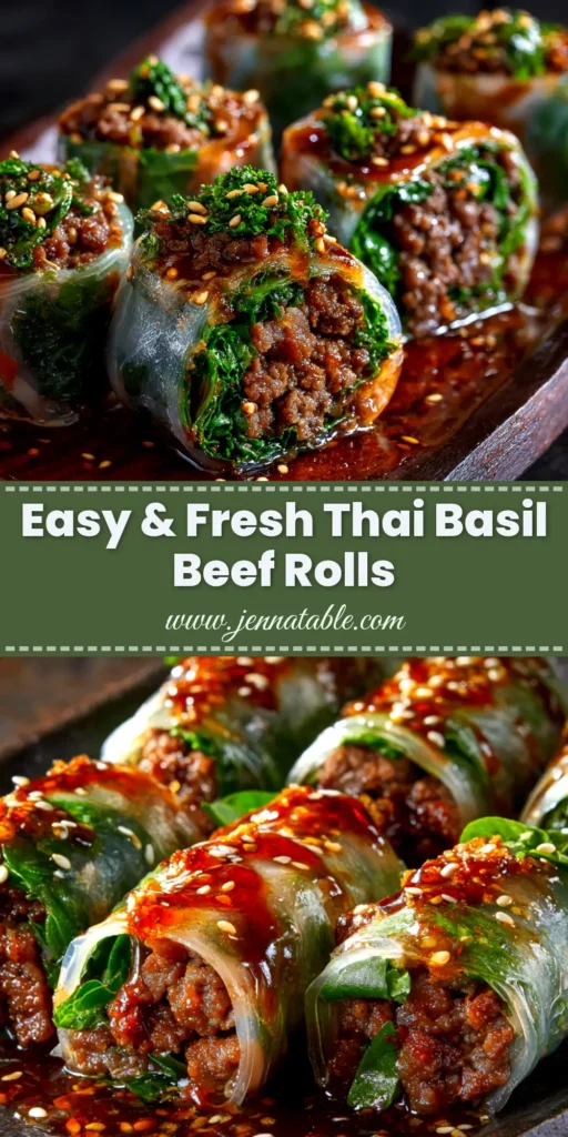 Thai Basil Beef Rolls (That Don't Fall Apart!) 4 A platter of freshly made Thai Basil Beef Rolls cut in half to show the savory beef and vegetable filling, served with a side of dipping sauce. The rolls are arranged artfully for a Pinterest pin.