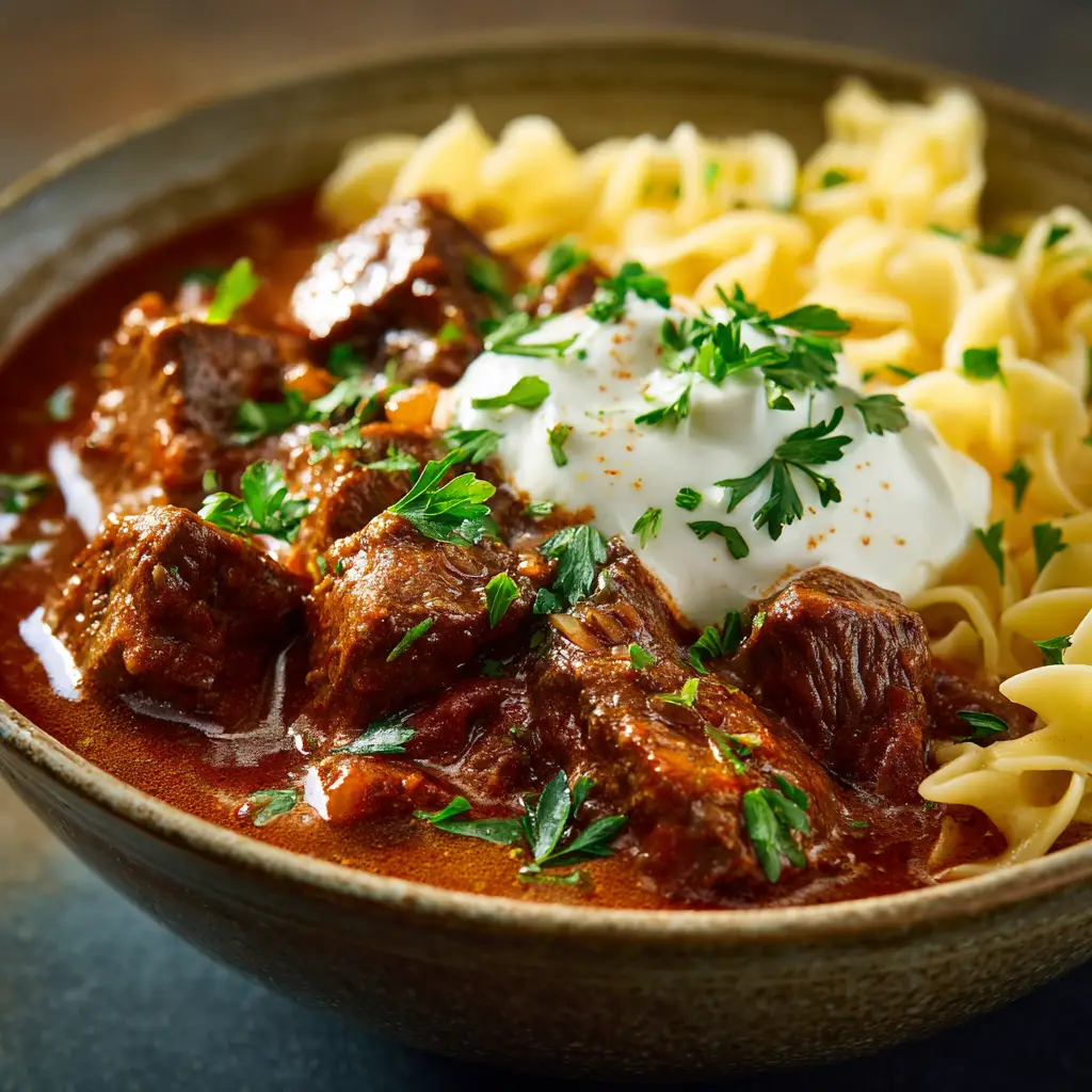 German Goulash Recipe: The Ultimate Guide to Authentic Rindergulasch 2 An extreme close-up of traditional beef goulash in a rustic bowl, highlighting the texture of the slow-cooked beef and rich gravy. This is part of the German Goulash recipe.