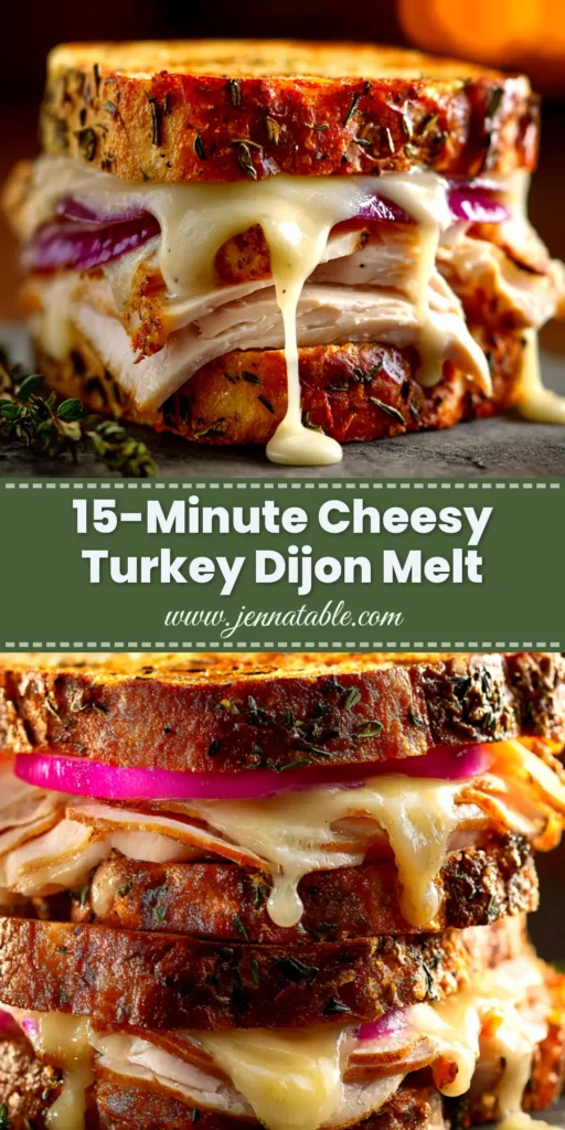 A delicious Turkey Dijon Melt sandwich cut in half, showcasing the gooey melted cheese and layers of turkey on grilled sourdough bread.