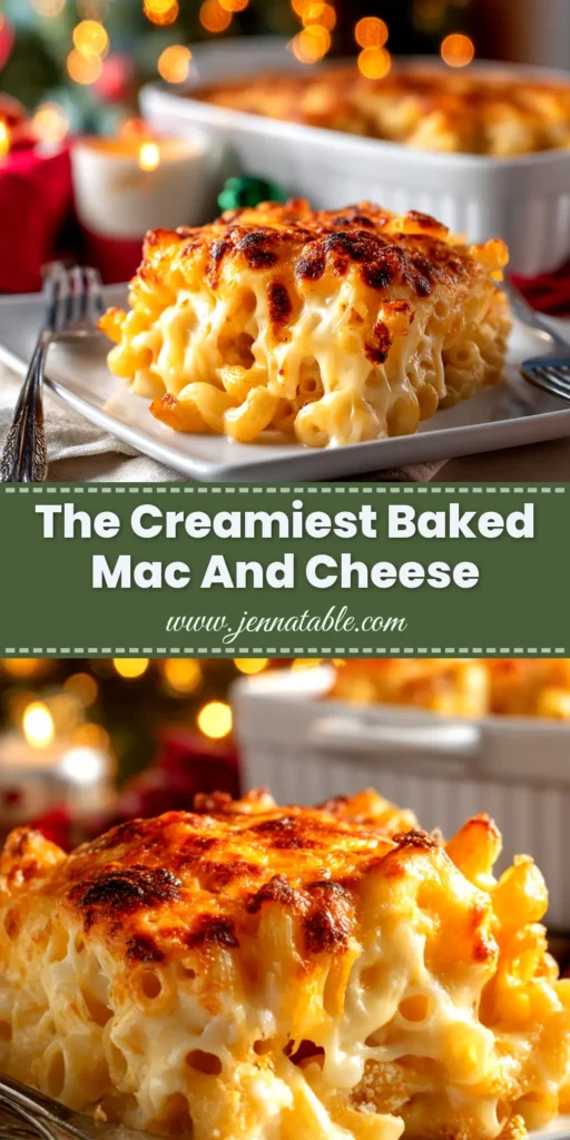 A scoop of creamy baked mac and cheese being lifted from a baking dish, showing a cheesy pull. This is the ultimate recipe for perfectly baked mac and cheese.