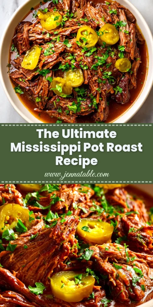The ultimate slow cooker Mississippi Pot Roast, tender and juicy, served over mashed potatoes in a white bowl.