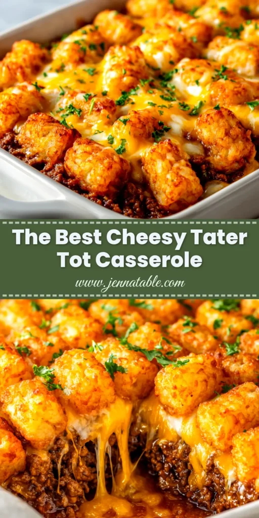 An overhead shot of a golden-brown Tater Tot Casserole in a baking dish, with a slice taken out to show the cheesy, beefy filling. The perfect easy dinner recipe.