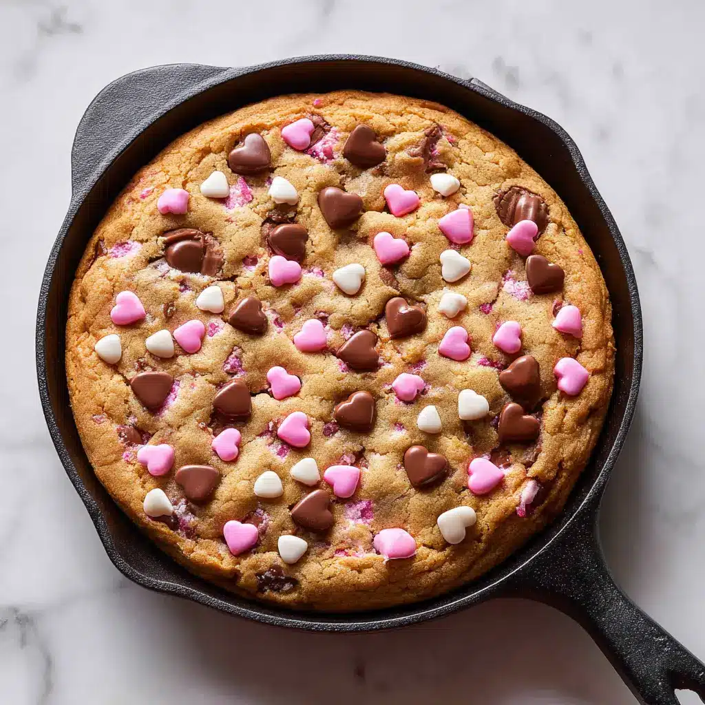 Valentine's Skillet Cookie: The Ultimate Dessert for Two 2 An overhead shot of the Valentine's skillet cookie dough pressed into a cast-iron skillet, topped with chocolate chips and festive sprinkles before baking.