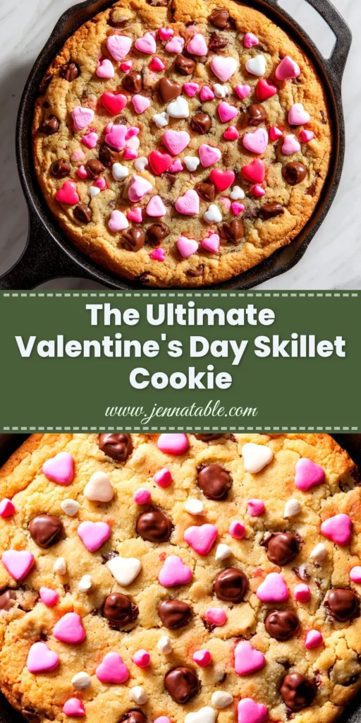 Valentine's Skillet Cookie: The Ultimate Dessert for Two 3 A warm and gooey Valentine's skillet cookie topped with heart-shaped sprinkles and a scoop of vanilla ice cream, ready to be shared.