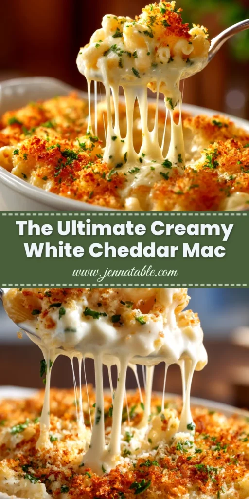 A large white bowl filled with creamy white cheddar mac and cheese, garnished with fresh parsley.