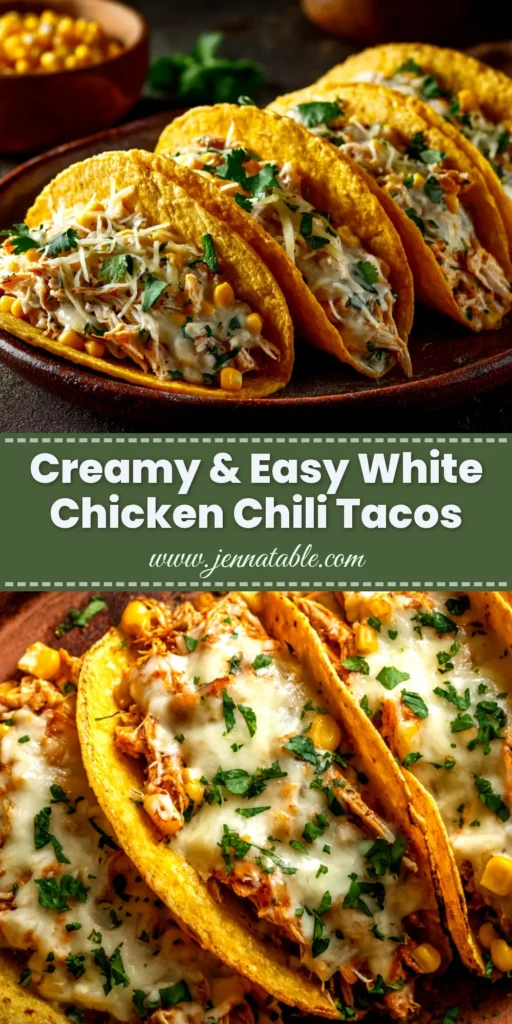 A close-up shot of creamy White Chicken Chili Tacos in a soft tortilla, topped with fresh cilantro and a lime wedge on the side.