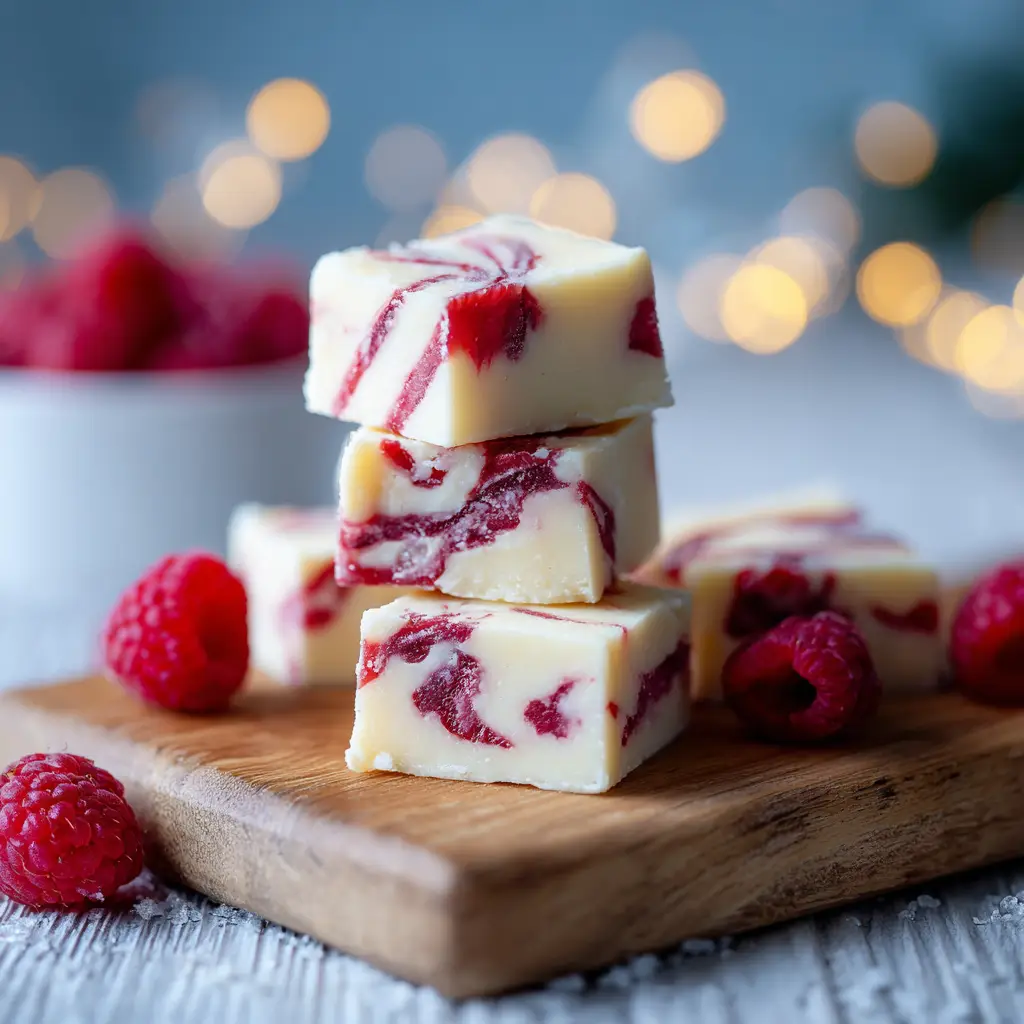 White Chocolate Raspberry Fudge (Easy, Creamy Recipe) 1 A square of white chocolate raspberry fudge held up to show the inside texture and vibrant raspberry puree swirl.