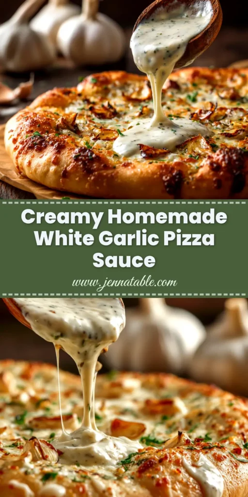 White Garlic Pizza Sauce (Ready in 15 Minutes!) 3 A jar of homemade white garlic pizza sauce with a spoon, ready to be spread on a pizza. The perfect creamy sauce for a delicious pizza night.