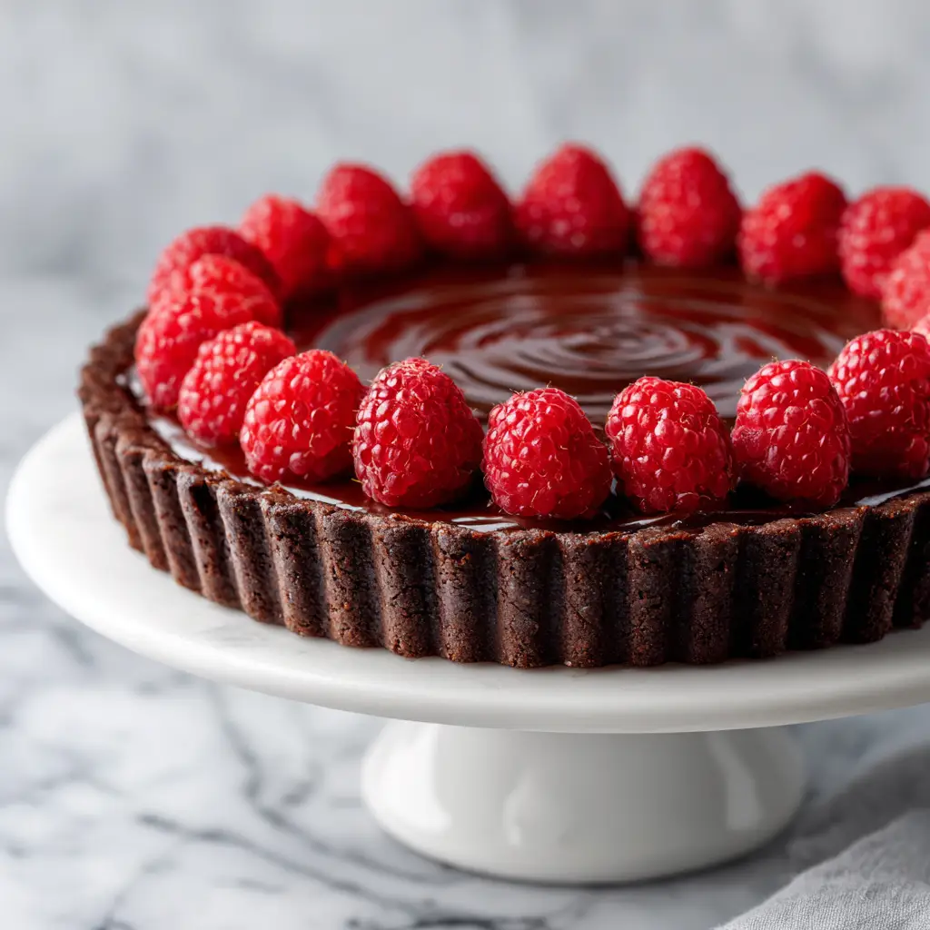 Chocolate Raspberry Tart: A Decadent & Easy Recipe 2 A whole chocolate raspberry ganache tart presented on a rustic wooden board, ready to be sliced and served.