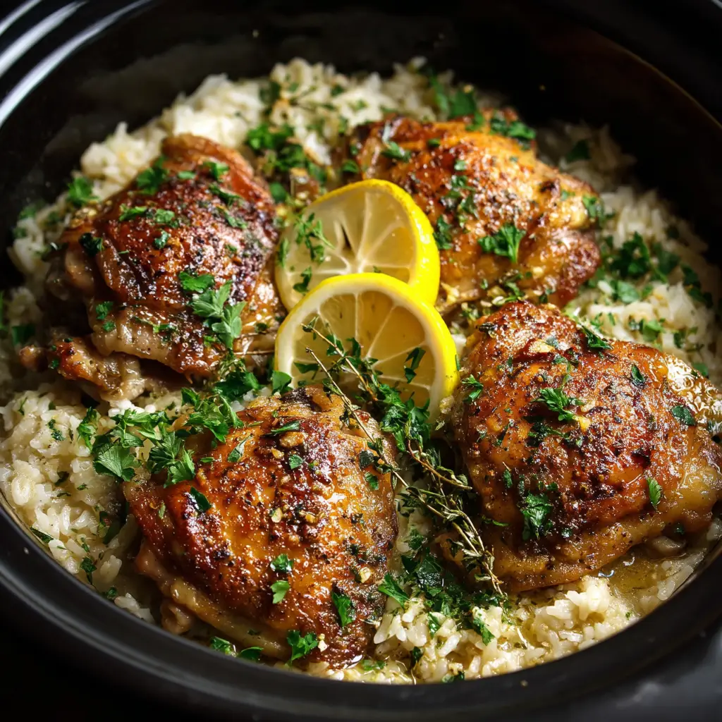 A beautiful overhead view of the whole slow cooker lemon herb chicken after cooking, garnished with fresh herbs in a rustic setting.