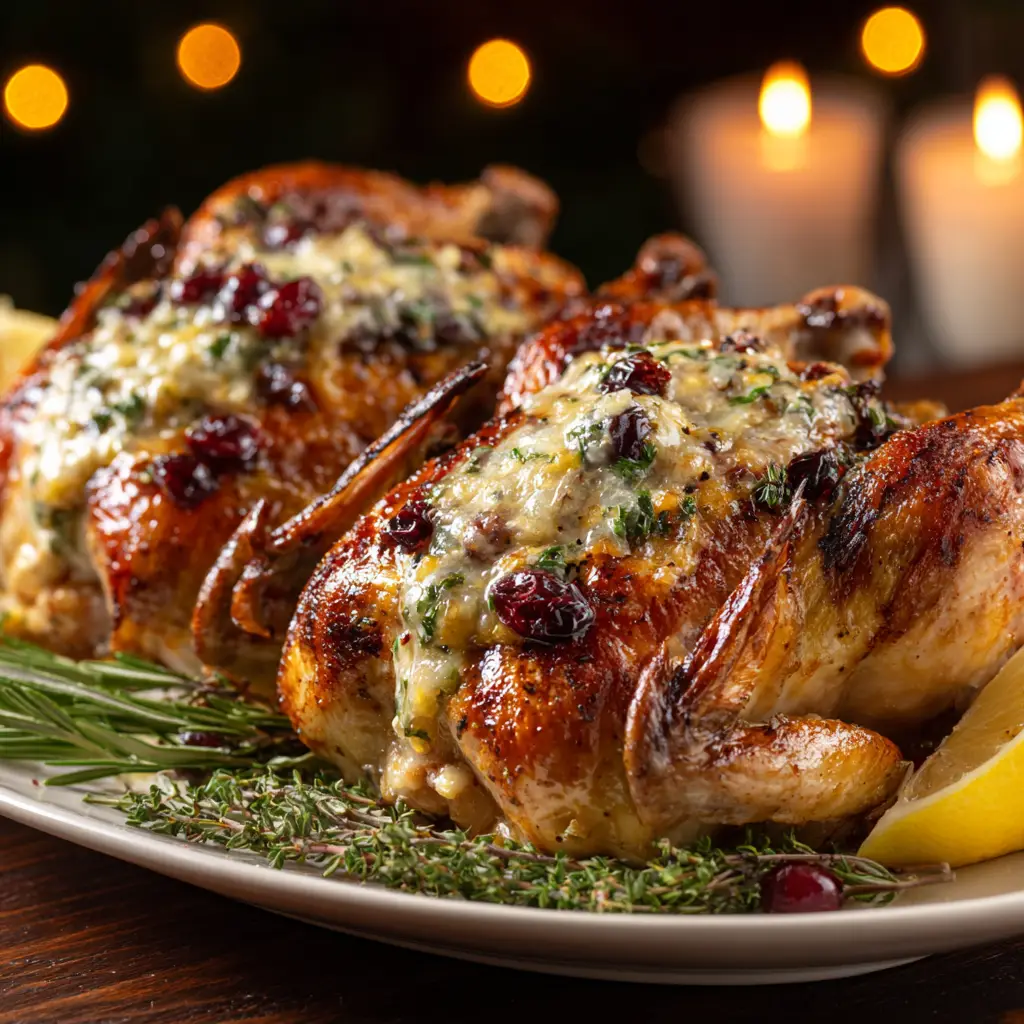 Two whole stuffed Cornish game hens resting in a pan after being roasted, showing their juicy texture and beautiful color.