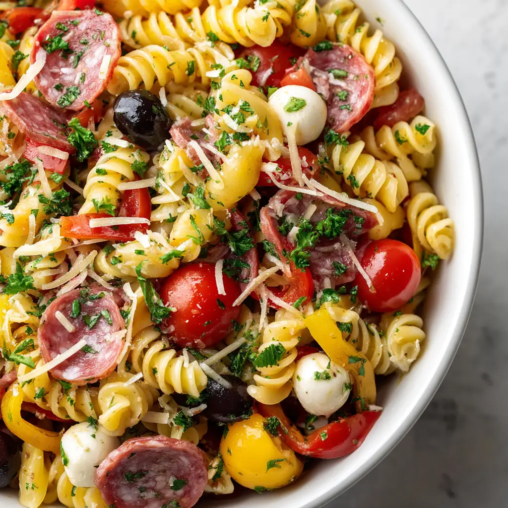 An extreme close-up overhead shot of the Zesty Italian Pasta Salad, highlighting the texture of the rotini pasta coated in homemade Italian dressing.