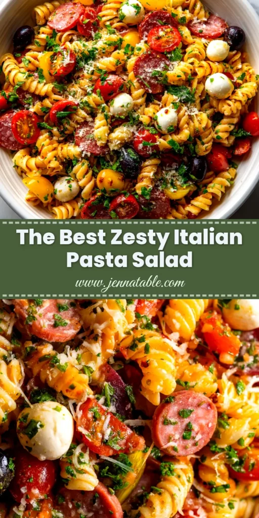 A large glass bowl filled with Zesty Italian Pasta Salad, featuring rotini pasta, cherry tomatoes, mozzarella balls, and salami, ready to be served.