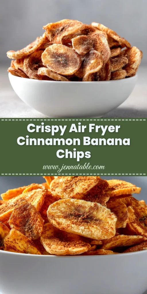 A close-up shot of crispy, golden Air Fryer Banana Chips in a white bowl, lightly dusted with cinnamon. A perfect healthy snack recipe.
